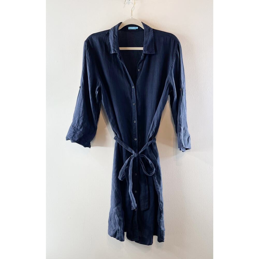 J. McLaughlin Linen Belted Midi Shirt Dress Navy Blue Large - Picture 2 of 5